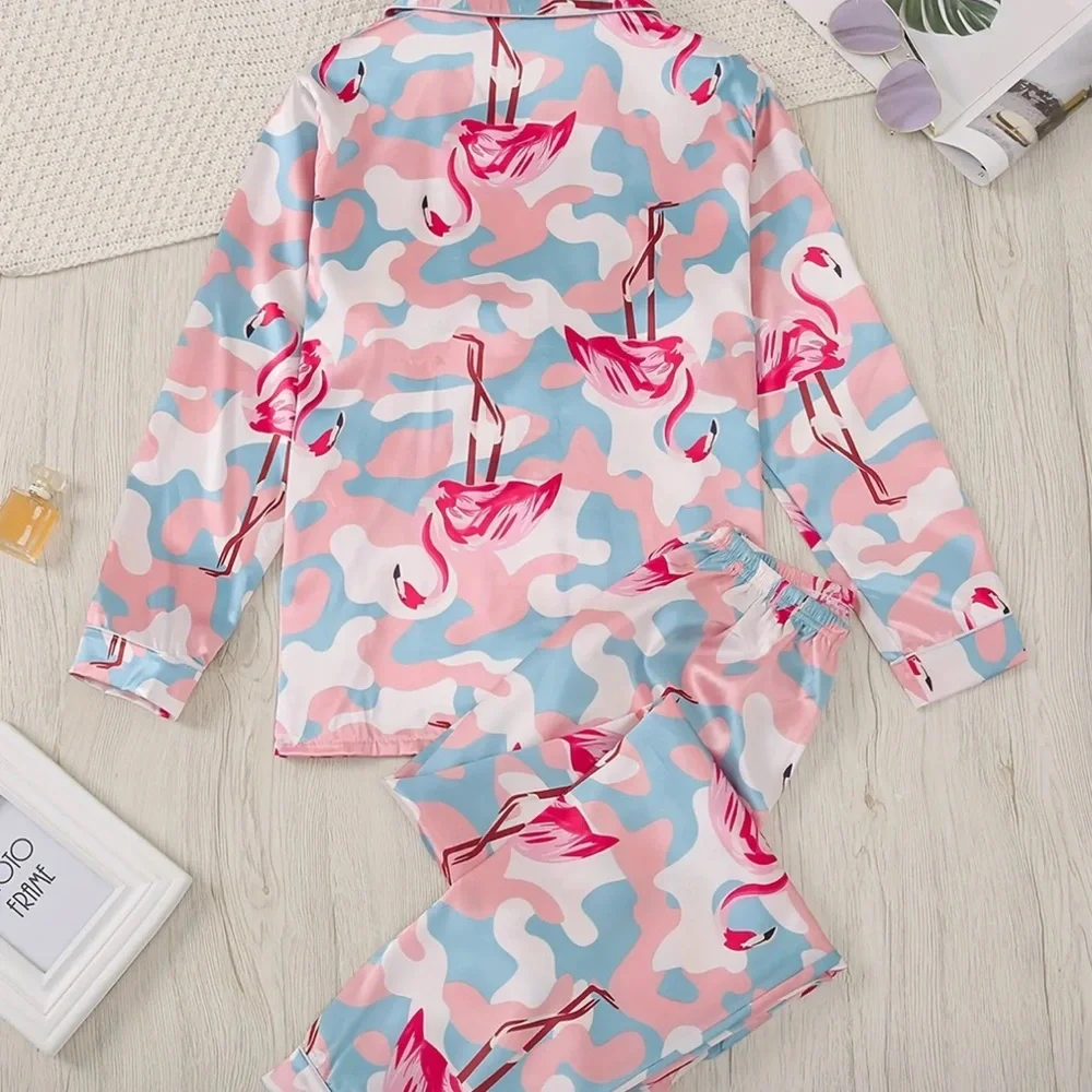 Flamingo Pajama Set Camouflage Print Size Large Pink and Blue Satin Soft Fabric